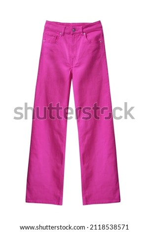 Fuchsia color jeans isolated on white. Trending clothing. Pink pants. Royalty-Free Stock Photo #2118538571