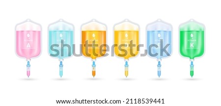 Serum collagen vitamin D inside saline bag. Injection of IV drip vitamin and minerals therapy for health and skin. Medical aesthetic concept. Saline bag set. On white background 3D vector EPS10. Royalty-Free Stock Photo #2118539441