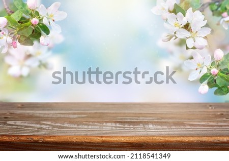 Empty wooden table top and apple tree blossom. Spring background. 