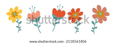 Spring botanical flat vector illustration on white background. floral backdrop decorated with gorgeous multicolored blooming flowers and leaves border. 
