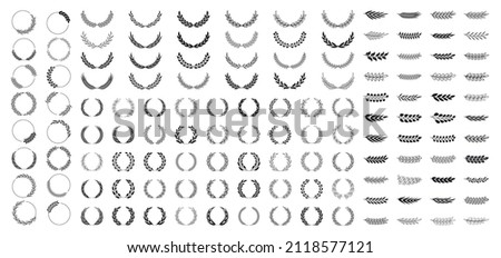 Set of wreaths and branches with leaves. Hand drawing laurel wreaths and branches collection. Laurels wreaths, swirls, twigs and flower ornaments. Herbs, flowers and plants elements. Design elements. Royalty-Free Stock Photo #2118577121