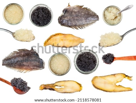 set of various cooked and raw halibut and roe isolated on white background