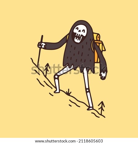 Grim Reaper Skull climbing the mountain, illustration for t-shirt, poster, sticker, or apparel merchandise. With retro cartoon style.