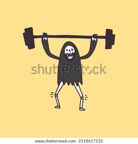 Grim Reaper Skull lifting barbell, illustration for t-shirt, poster, sticker, or apparel merchandise. With retro cartoon style.