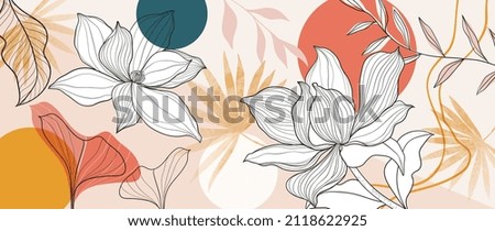 Floral and botanical line art background. Summer tone with tropical leafy , lotus flower, ginkgo leaves, branch vector. Watercolor wallpaper and circle sun for banner, prints, poster, wall art. Royalty-Free Stock Photo #2118622925