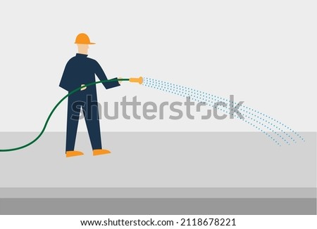 A man sprays water to cure cemented road or floor or disinfects an area. Editable Clip Art.