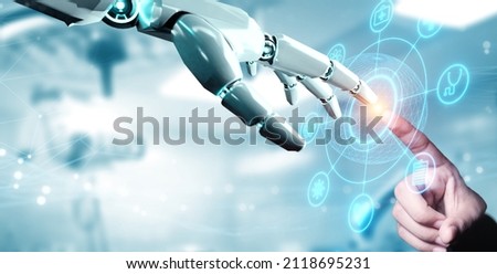 Robot hand ai artificial intelligence assistance for medical healthcare practices operation surgical performance, unity with human and ai concept, with graphical icon display blue banner background Royalty-Free Stock Photo #2118695231