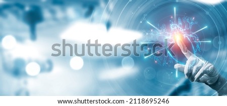 Medical doctor interacting hologram of heart, medicine science researching illness disease viruses, resources facility cure for ill patient concept, digital 3d render hospital blue banner background Royalty-Free Stock Photo #2118695246