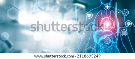 Medical healthcare digital hologram anatomy of female heart and organs concept, with graphical icon display ai holographic display assistant technology. 3d modeling with blue banner background Royalty-Free Stock Photo #2118695249
