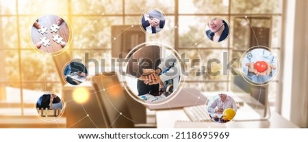Various photo collections of employment of different jobs and work ethics title concept, teamwork innovation idea planning engineering, engineer, healthcare provider, office background banner. Royalty-Free Stock Photo #2118695969
