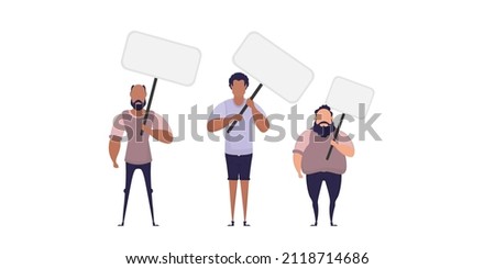 Group of Men with a blank banner. Flat style. Vector illustration.