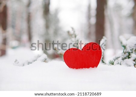 red Heart in the snow on in winter outside forest