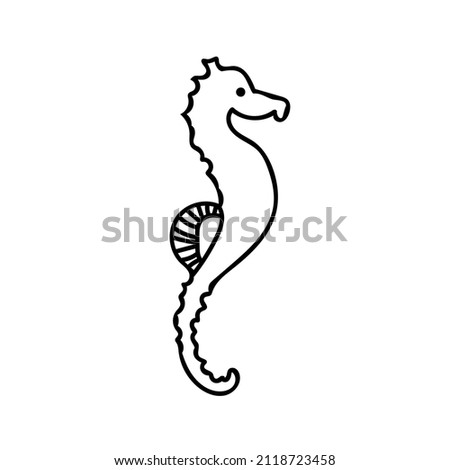 Vector simple illustration with Seahorse on white isolated background.Ocean,Summer underwater animal hand drawn in doodle style.Design for postcards,stickers,packages,social media,web,coloring.