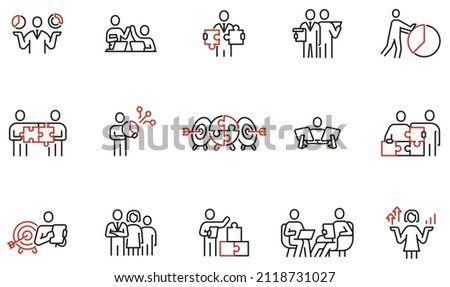 Vector set of linear icons related to business leadership, relationship, human resource management, cooperation and team work. Mono line pictograms and infographics design elements - part 2 Royalty-Free Stock Photo #2118731027