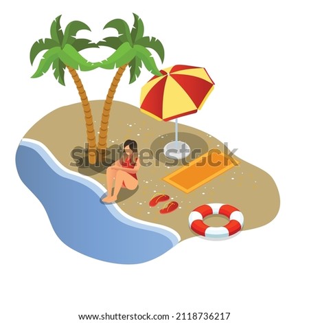 Woman relaxing on beach isometric 3d vector illustration concept banner, website, landing page, ads, flyer template