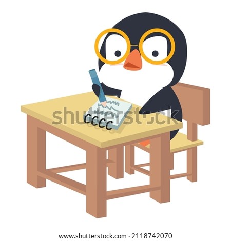 Cute Penguin  writing on  paper