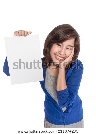 Woman showing blank paper. Cute casual young beautiful woman showing blank white paper isolated on white background .