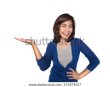 Woman showing open hand palm with copy space for product