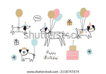 Happy Birthday my dear dog. Cute Cartoon pet Birthday card. Vector illustration dog and baloon in flat style