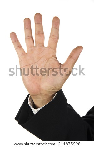 hand and businessman showing five fingers isolated on white
