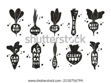 Vegetable and root crops, grunge stickers set. Radish, onion, turnip, beet, leek, carrot, daikon, asparagus, shallot, celery. Black texture silhouette, lettering inside. Imitation of stamp with scuffs Royalty-Free Stock Photo #2118756794
