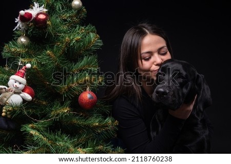 Portrait of a Labrador Retriever dog with its owner, near the new year's green tree. The picture was taken in a photo Studio on a black background.