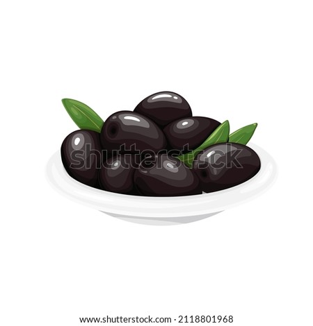 Black olives with leaves in a white bowl vector illustrator. Royalty-Free Stock Photo #2118801968