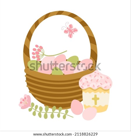 Easter basket with colored eggs. Festive composition of Easter pastries, eggs in a basket and spring flowers. Cartoon vector illustration.