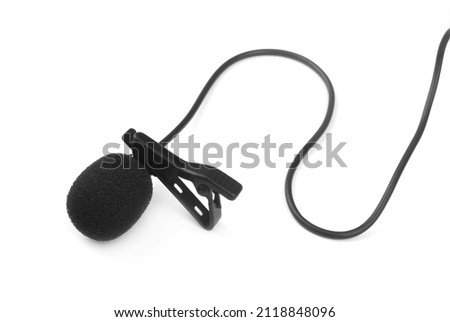 Black lavalier microphone with cord isolated on white background