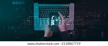Cyber security and data protection information privacy internet technology concept.Businessman smartphone laptop computer padlock protecting business and financial data virtual network connection. Royalty-Free Stock Photo #2118867719