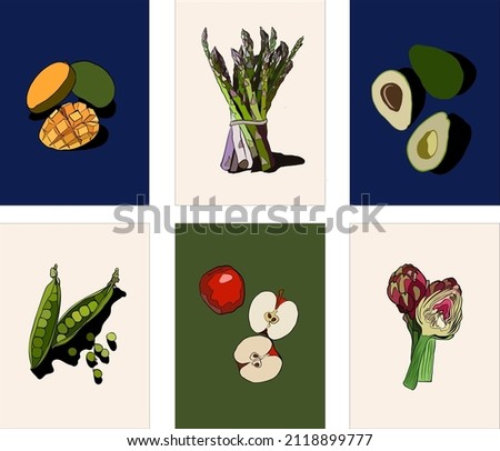 set of healthy food vector illustration, restaurant posters, kitchen posters, mango, avocado. apples, asparagus, green peas, artichokes vector illustration, hand drawn illustration Royalty-Free Stock Photo #2118899777