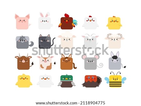 Square farm animal faces cute icon set isolated on white background. Cartoon square shape kawaii avatar for kids character collection. Vector flat clip art illustration for mobile ui game application.