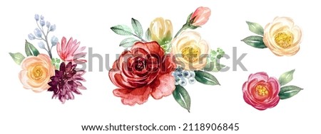 watercolor botanical illustration, set of bohemian style arrangements, bouquets of red and white roses and peonies, boho floral clip art collection, design elements isolated on white background