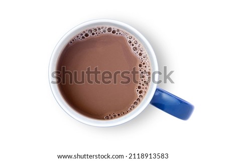 Hot chocolate cocoa drink in blue ceramic cup isolated on white background. Top view. Flat lay. Clipping path.
