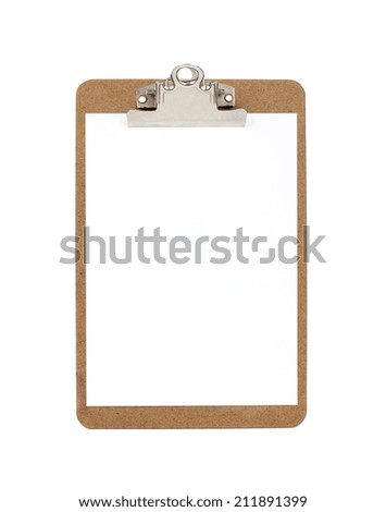 Blank wooden clipboard with paper Royalty-Free Stock Photo #211891399