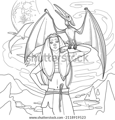 A cute girl with long hair stands holding a pterodactyl on her forearm surrounded by a hilly landscape. Prehistoric world of dinosaurs. Vector line graphics for coloring books