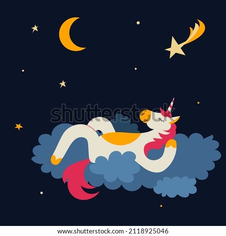 Fairytale unicorn sleeps at night on a cloud under a shooting star. Vector Illustration.