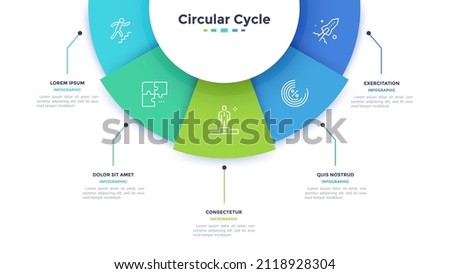 Semicircular pie chart divided into 5 colorful sectors. Concept of five features of startup project to select. Minimal flat infographic vector illustration for business information visualization. Royalty-Free Stock Photo #2118928304