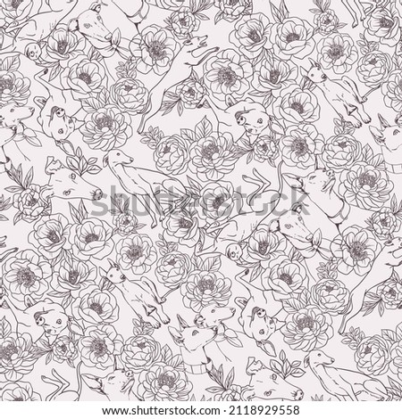 Many blooming flowers with greyhounds dogs. Seamless vector pattern with outline hand drawn illustrations with pet theme