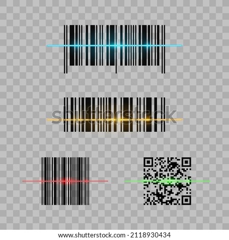 Set of four different barcodes and QR code. Scanning of package tracking barcode and QR code. Isolated on transparent background. Vector illustration, eps 10