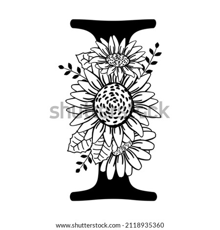 Capital letter I with flowers. Monogram, signature, title, screen caption. Black outline drawing. Vector illustration isolated on white background. Family logo, sign. Floral design, name initials