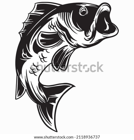 jumping bass fish clip art, fish logo black and white vector illustration
