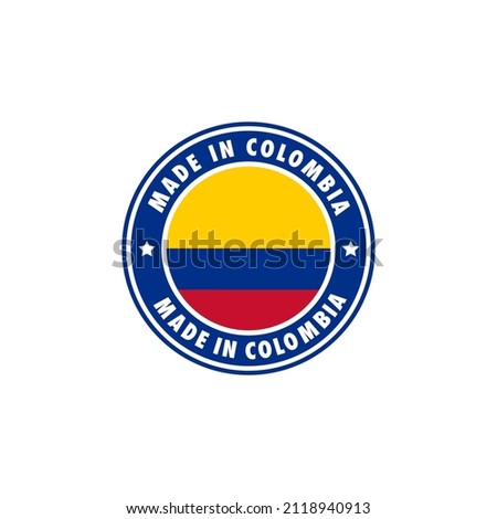 Made in Colombia round label icon. stamp, sign, sticker, badge, symbol, emblem, logo print with red yellow blue flag. Vector illustration EPS 10.