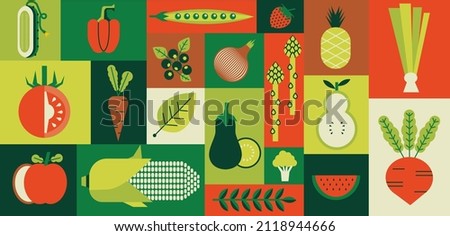 Geometric food. Abstract organic farm vegetables and fruits. Banner with healthy vegan meal. Strawberry or tomato. Minimal garden harvest. Natural eggplant and beetroot. Vector background Royalty-Free Stock Photo #2118944666