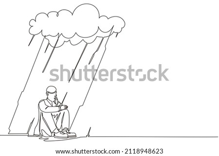 Single continuous line drawing businessman feeling sad and depression sitting under rain and cloud. Unhappy depressed loneliness sad worker in stress with problem. One line draw design vector graphic