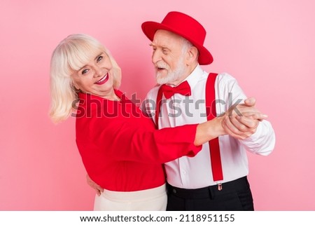 Photo of pensioner retired stylish trendy lady man dance discotheque birthday isolated pastel color background Royalty-Free Stock Photo #2118951155
