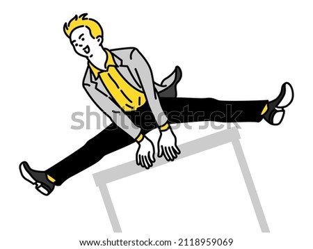 Vector illustration of businessman jumping over obstacle. Outline, linear, thin line art, hand drawn sketch, cute character design, simple style. 