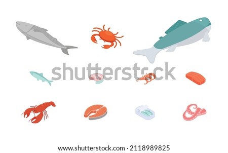 Fish and seafood set. Isometric vector illustration in flat design.
