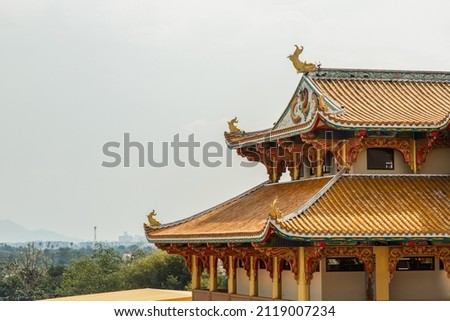 Architecture of Chinese style temple in Wihan Thep Sathit Phra Ki Ti Chaloem ( San Chao Na Cha ). Copy space, Selective focus.