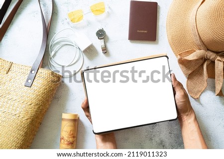Travel and tourism equipment,Straw hat, map, plane, sunglasses and magnifying glass on pastel background. Summer holiday, vacation, travel concept. Flat lay, top view, copy space. Banner